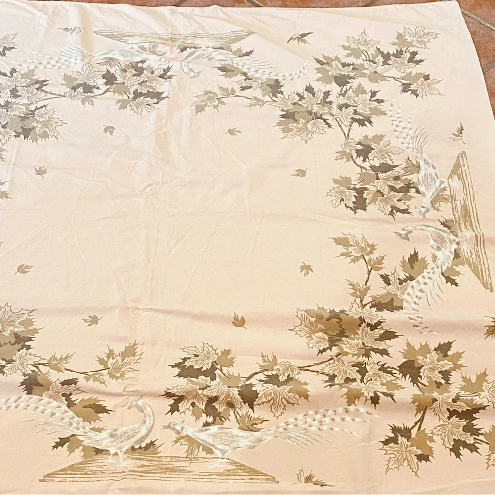 Vintage Peach Table Cloth Gold Brown Maple Leaves & Pheasants 50X48 MCM Square